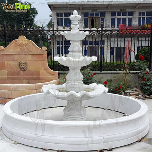 white marble three tired patio water fountain for front door decor